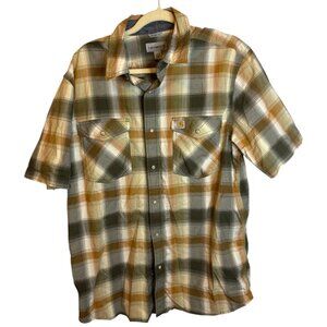 Carhartt Shirt Men's Size Large Relaxed Fit Plaid Bozeman Pearl Snaps Brown Gray